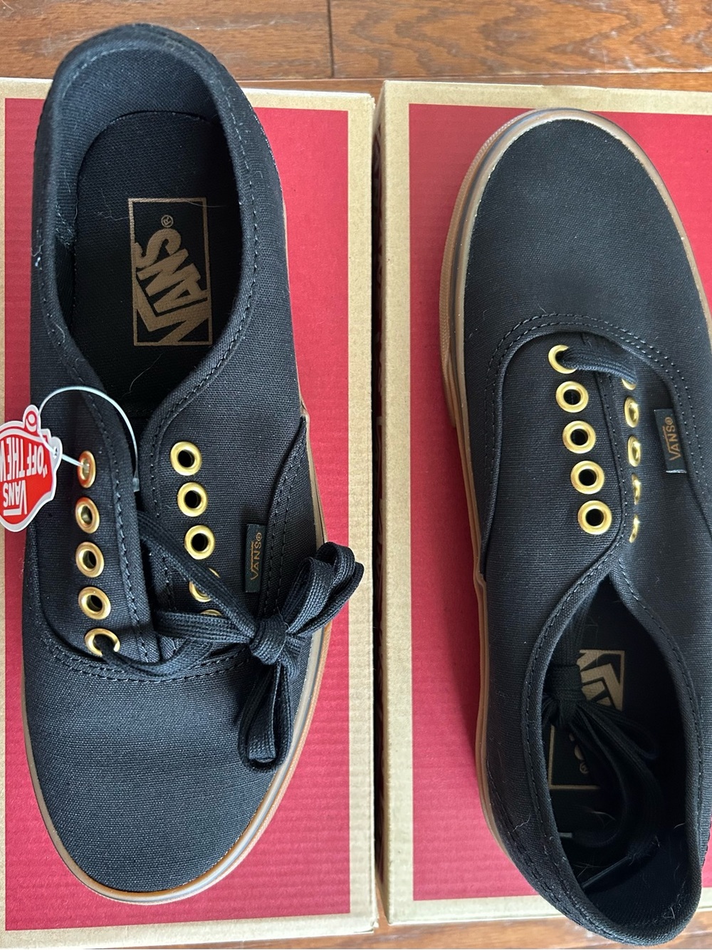 Vans Men’s 7 or Women's 8.5 Black Canvas Sneakers with Gold Eyelets and Gum Sole
